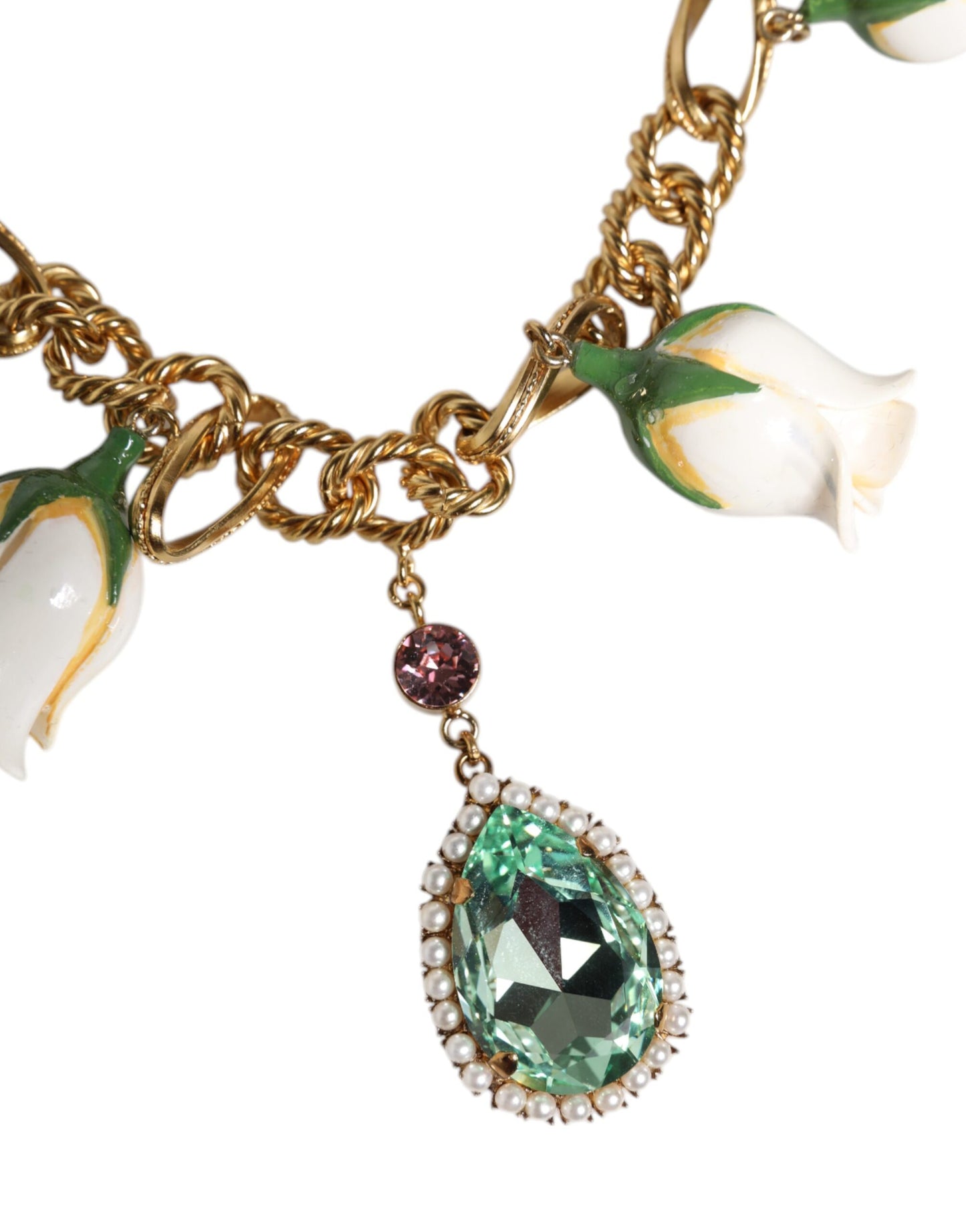 Dolce & Gabbana Gold Brass Short Chain Flower Crystal Pendant Necklace Dolce & Gabbana