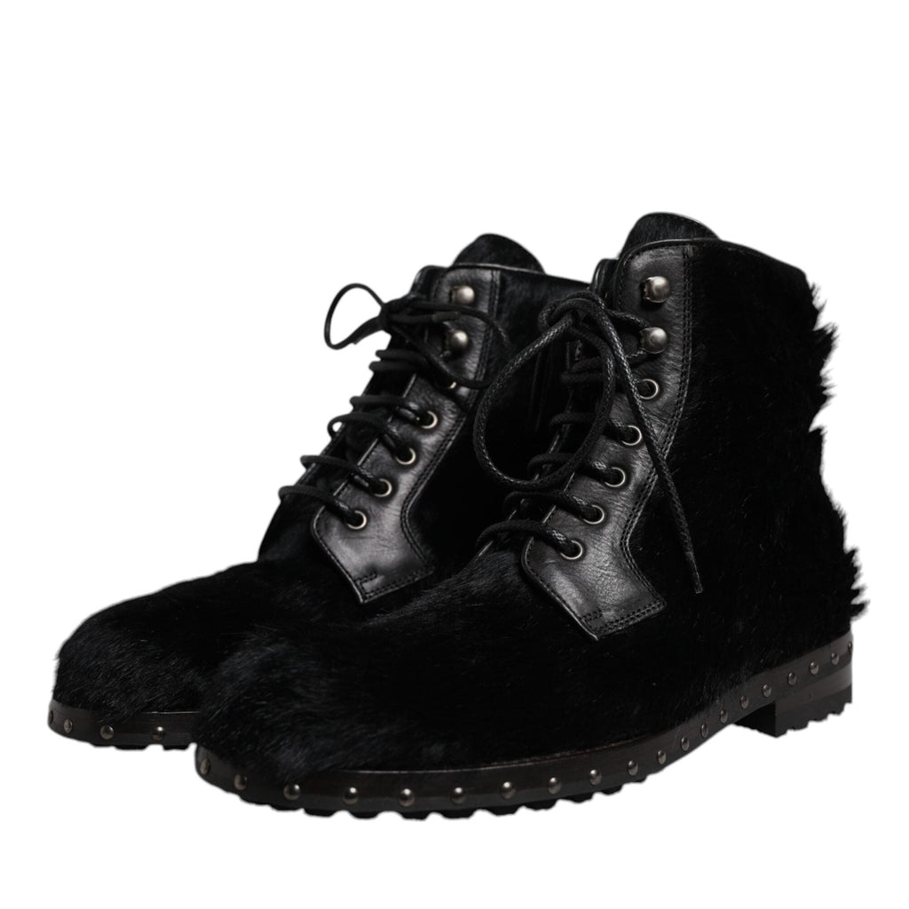 Dolce & Gabbana Black Pony Style Leather Mid Calf Boots Shoes