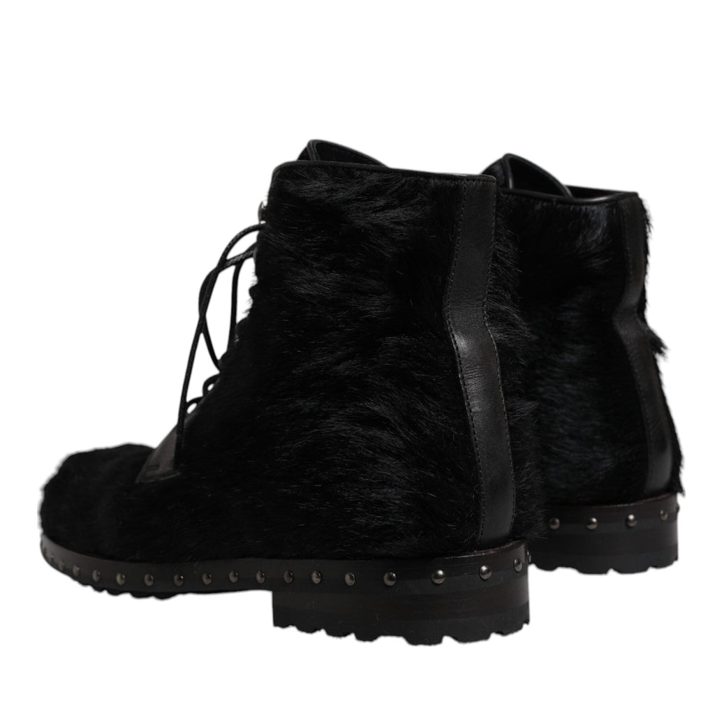 Dolce & Gabbana Black Pony Style Leather Mid Calf Boots Shoes