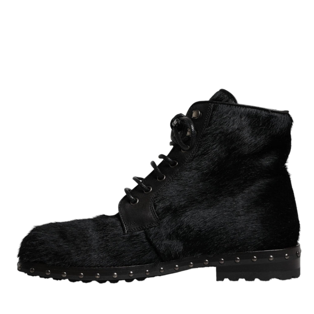 Dolce & Gabbana Black Pony Style Leather Mid Calf Boots Shoes