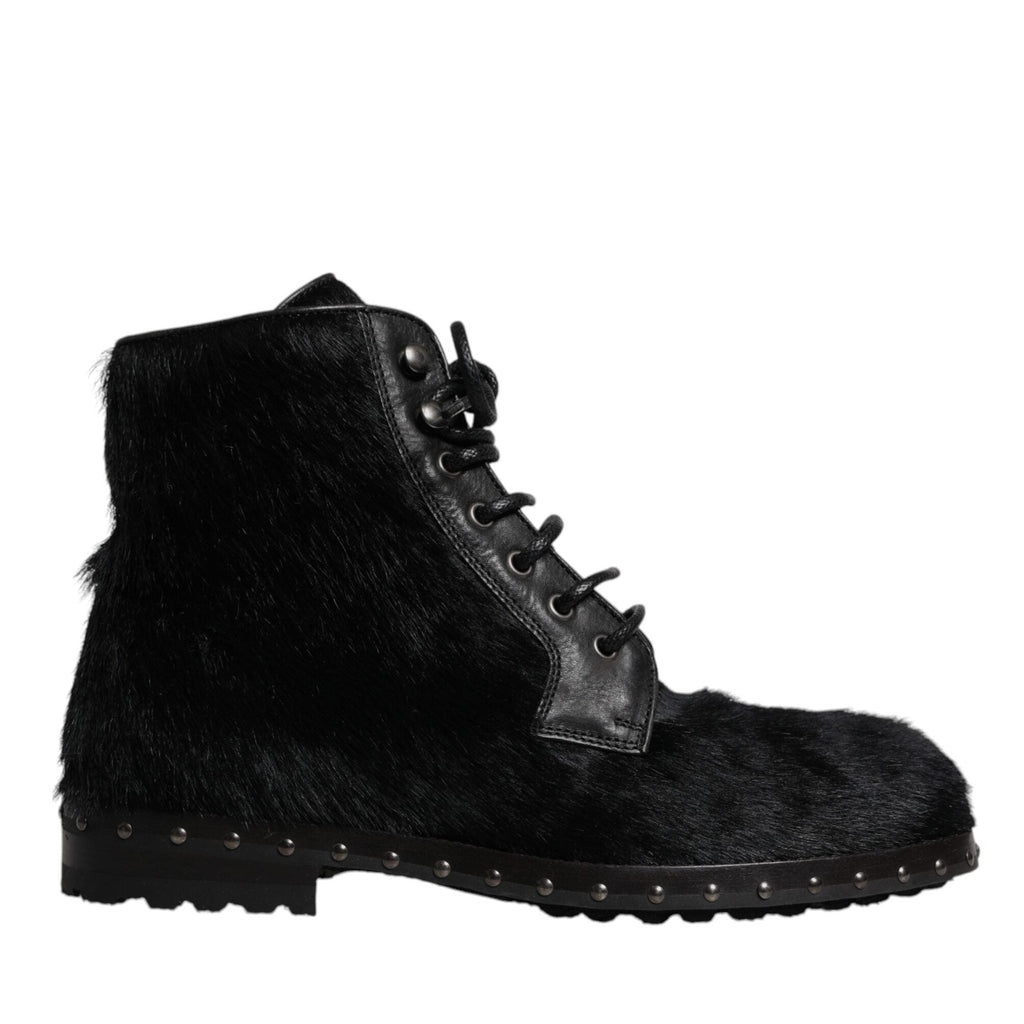 Dolce & Gabbana Black Pony Style Leather Mid Calf Boots Shoes