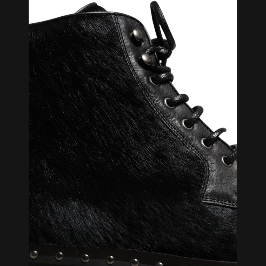 Dolce & Gabbana Black Pony Style Leather Mid Calf Boots Shoes