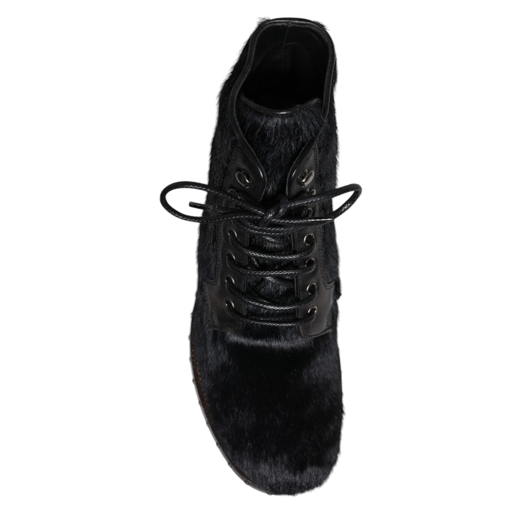 Dolce & Gabbana Black Pony Style Leather Mid Calf Boots Shoes