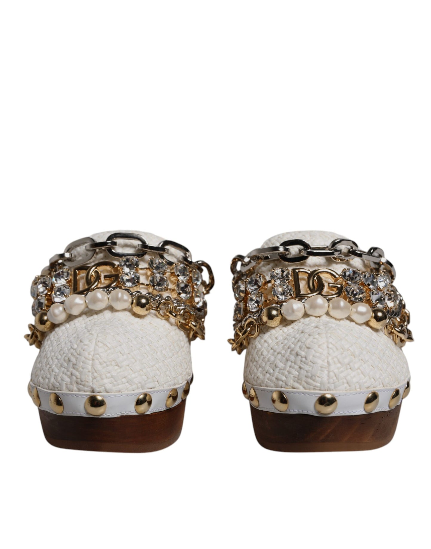 Dolce & Gabbana White Raffia Clogs Bejeweled Chain Sandals Shoes Dolce & Gabbana