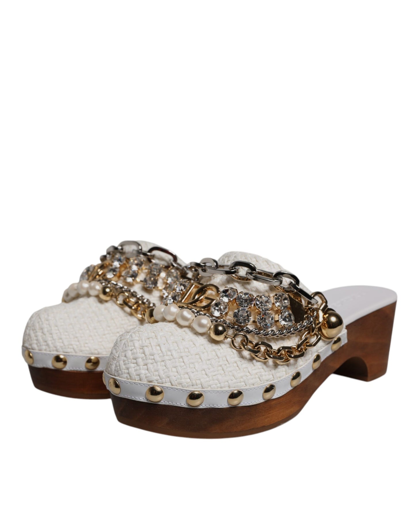 Dolce & Gabbana White Raffia Clogs Bejeweled Chain Sandals Shoes Dolce & Gabbana