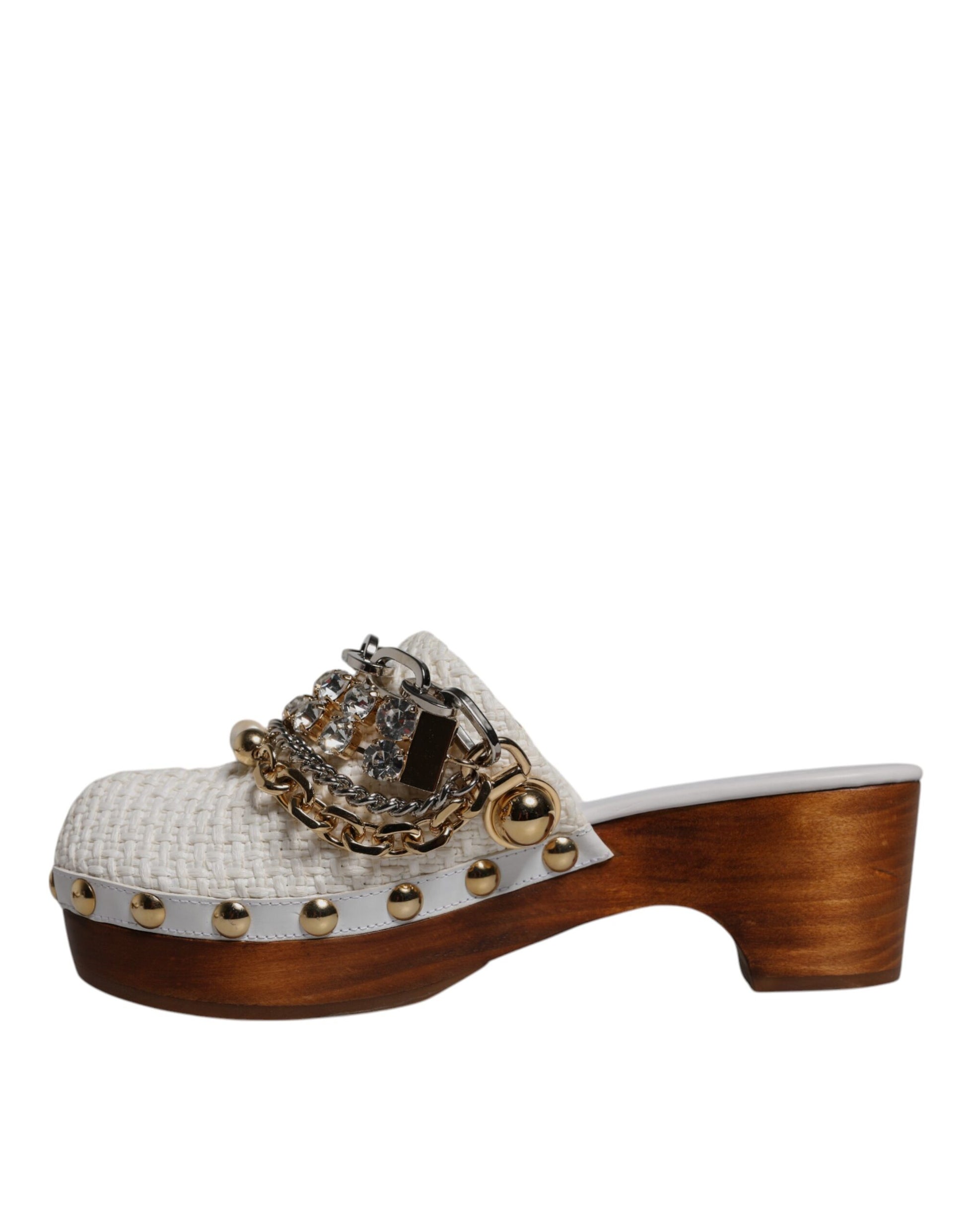 Dolce & Gabbana White Raffia Clogs Bejeweled Chain Sandals Shoes Dolce & Gabbana