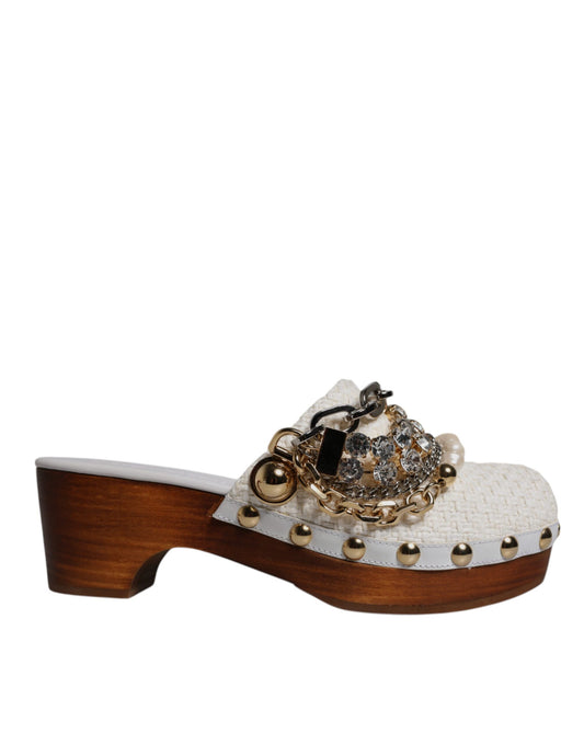 Dolce & Gabbana White Raffia Clogs Bejeweled Chain Sandals Shoes Dolce & Gabbana