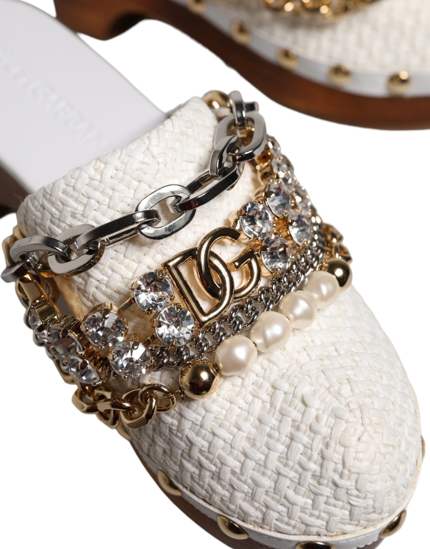 Dolce & Gabbana White Raffia Clogs Bejeweled Chain Sandals Shoes Dolce & Gabbana