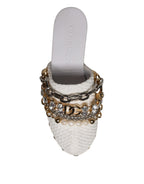 Dolce & Gabbana White Raffia Clogs Bejeweled Chain Sandals Shoes