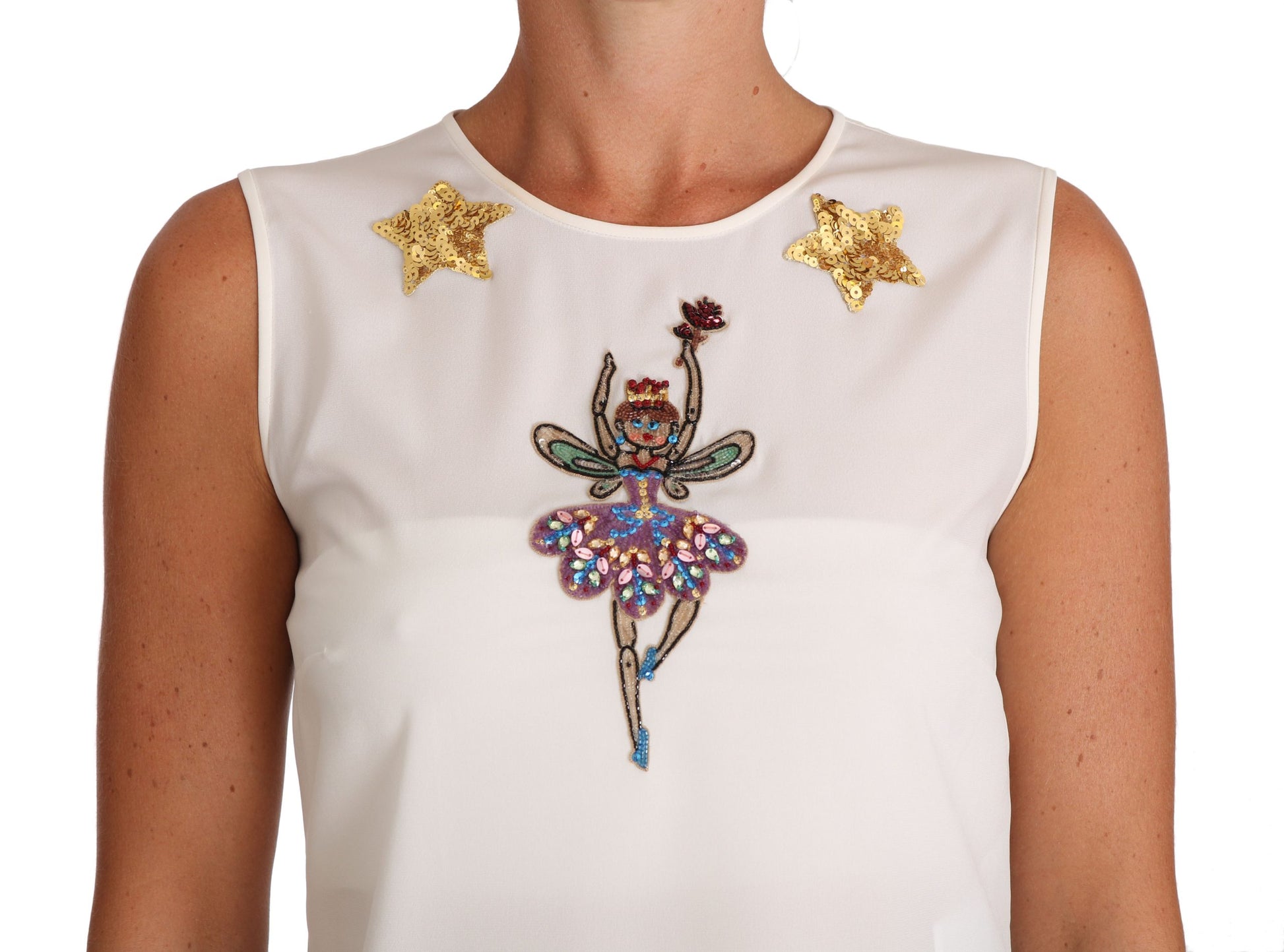 Dolce & Gabbana White Silk Embellished Crystal Sequin Fairy Top Dolce & Gabbana