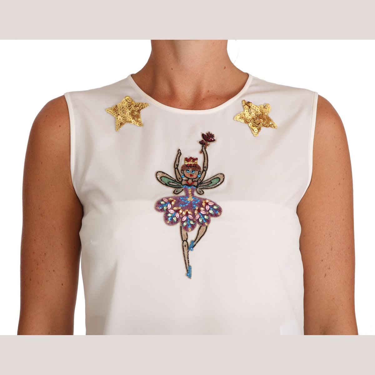 Dolce & Gabbana White Silk Embellished Crystal Sequin Fairy Top