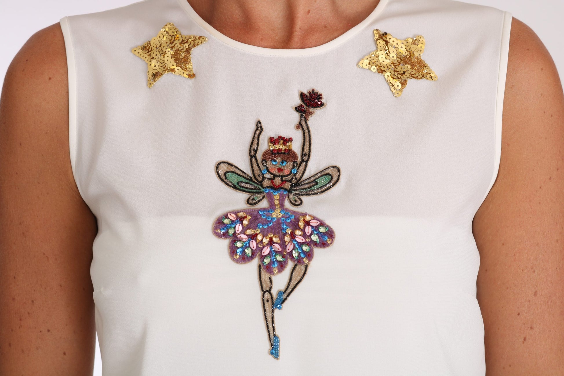 Dolce & Gabbana White Silk Embellished Crystal Sequin Fairy Top Dolce & Gabbana