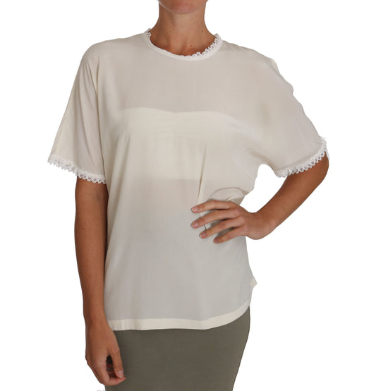 Dolce & Gabbana White Cream Silk Lace Top Blouse T-Shirt Dolce & Gabbana