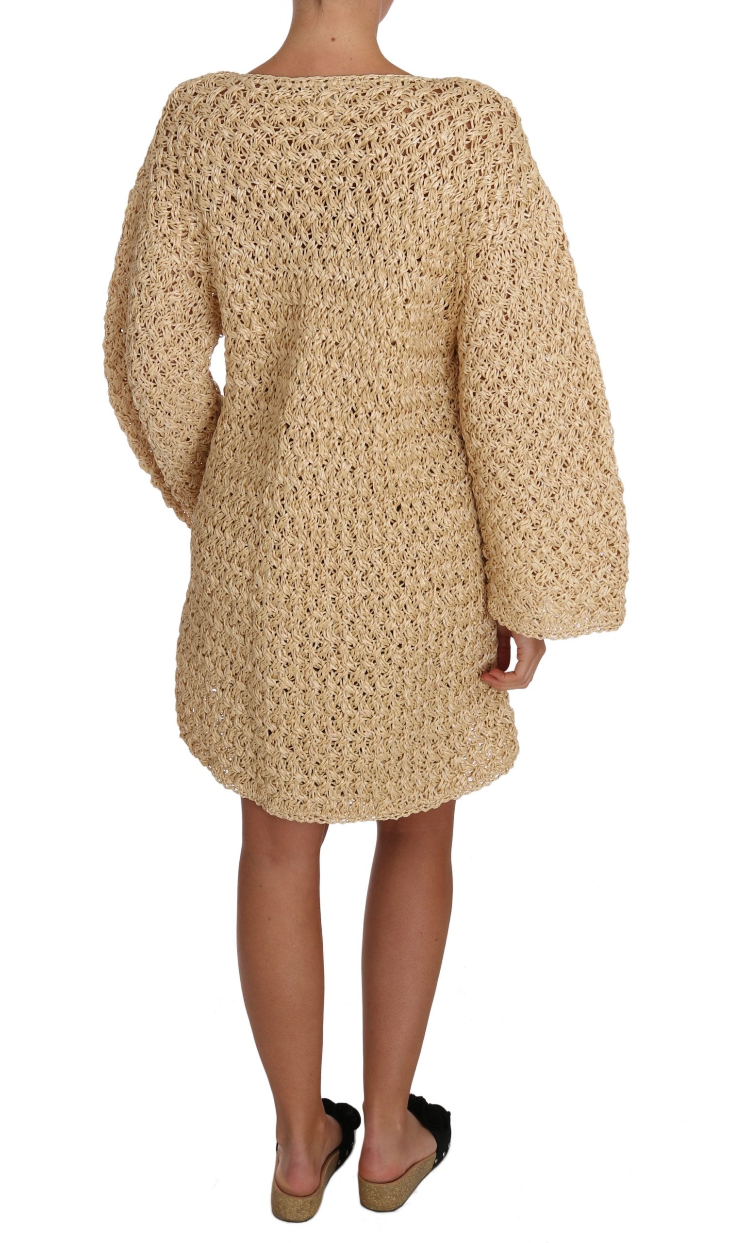 Dolce & Gabbana Beige Cardigan Crochet Knitted Raffia Sweater Dolce & Gabbana