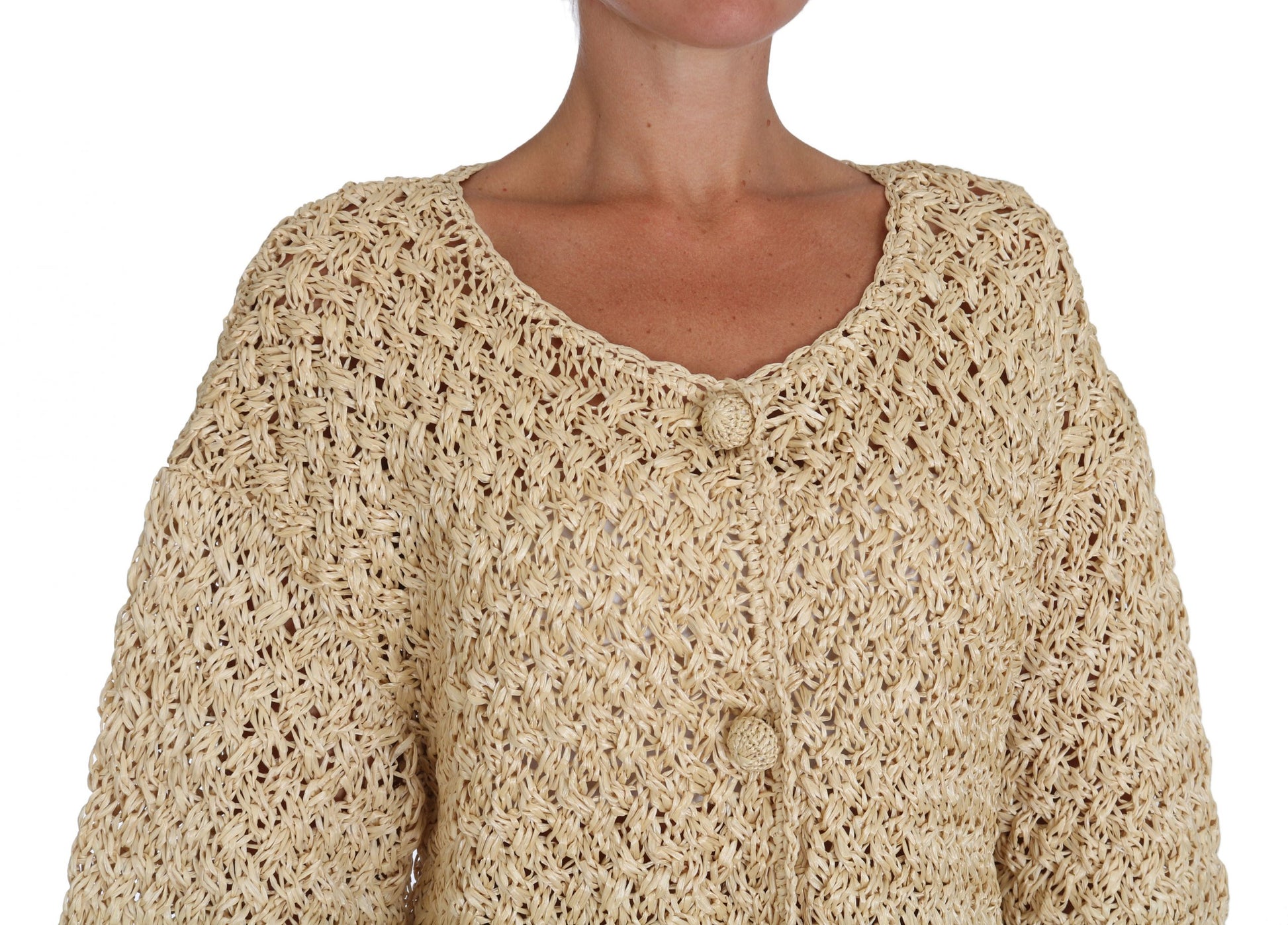 Dolce & Gabbana Beige Cardigan Crochet Knitted Raffia Sweater Dolce & Gabbana
