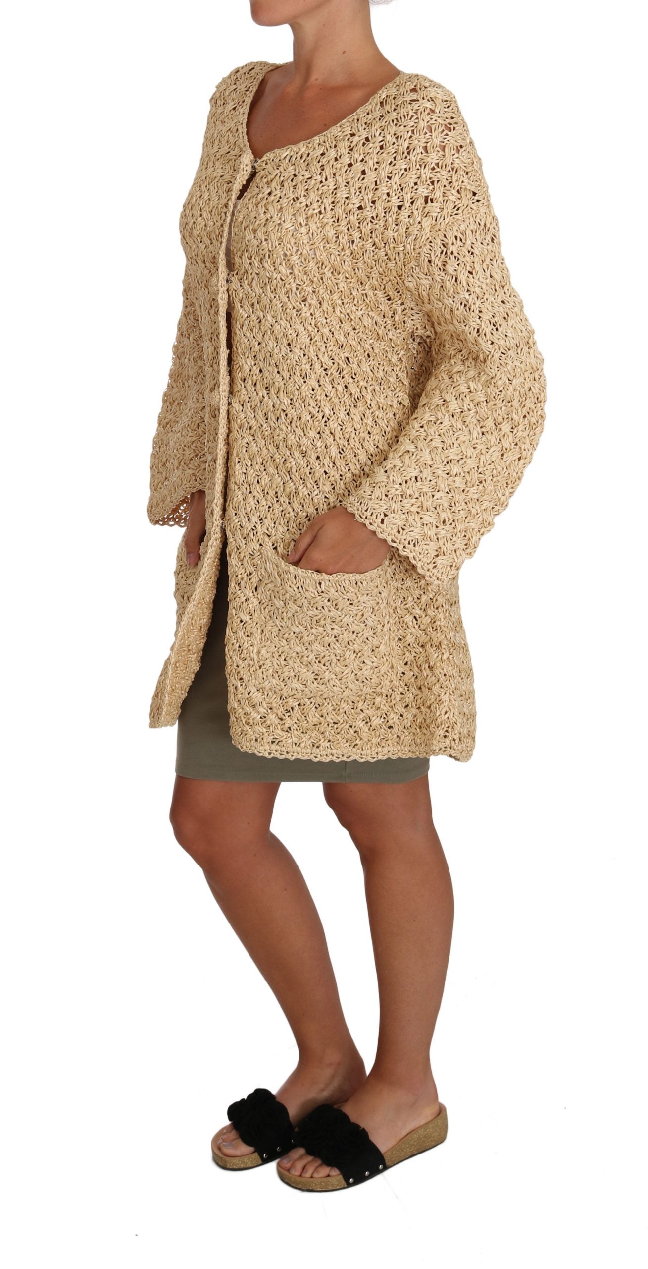 Dolce & Gabbana Beige Cardigan Crochet Knitted Raffia Sweater Dolce & Gabbana