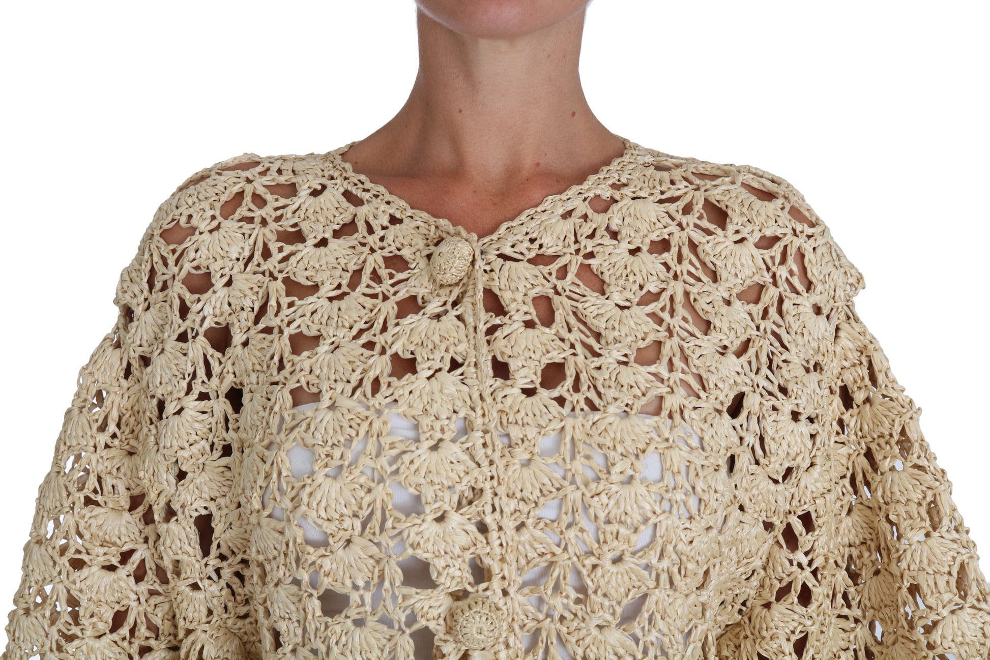 Dolce & Gabbana Beige Cardigan Crochet Knitted Raffia Sweater Dolce & Gabbana