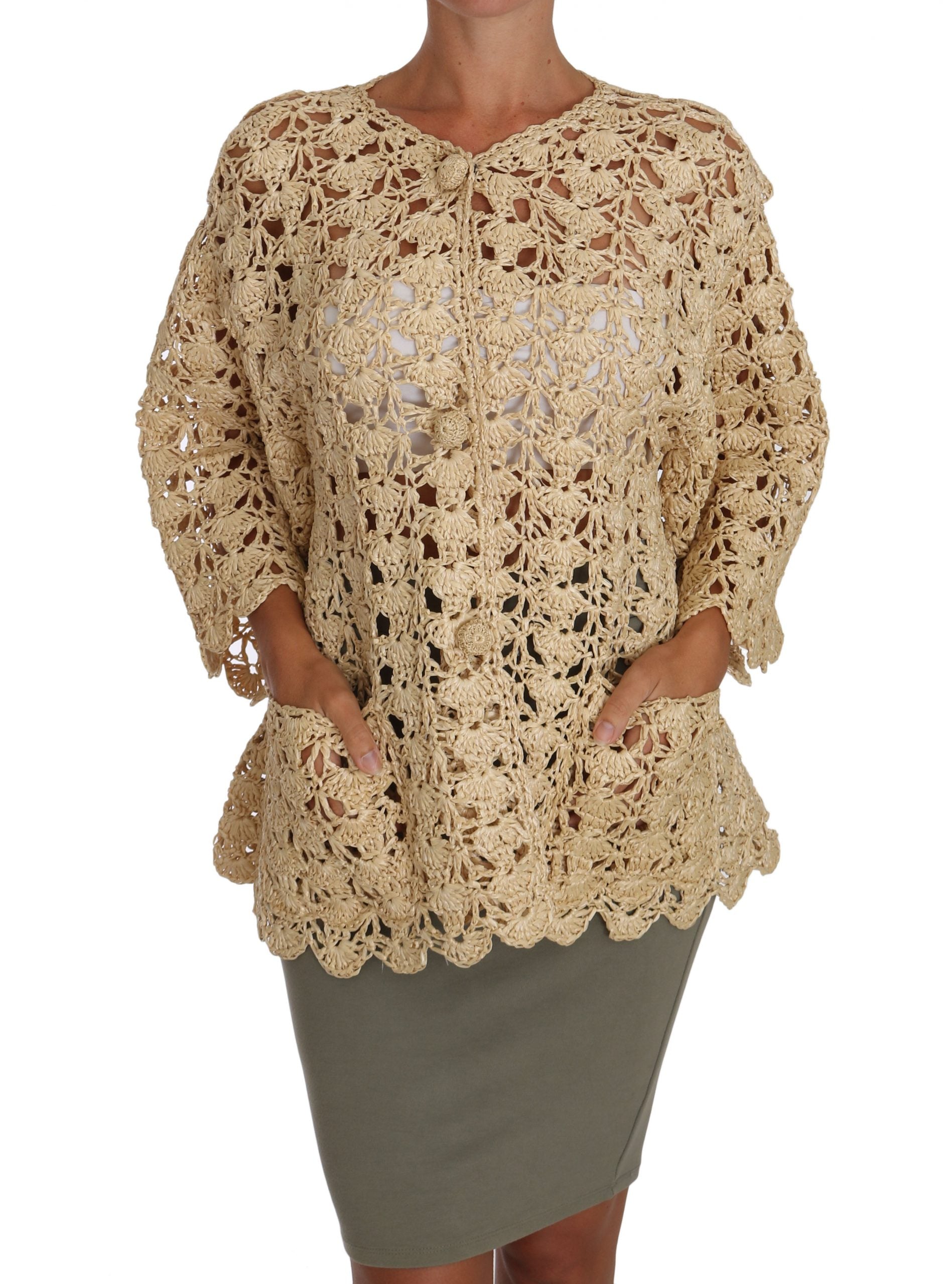 Dolce & Gabbana Beige Cardigan Crochet Knitted Raffia Sweater Dolce & Gabbana