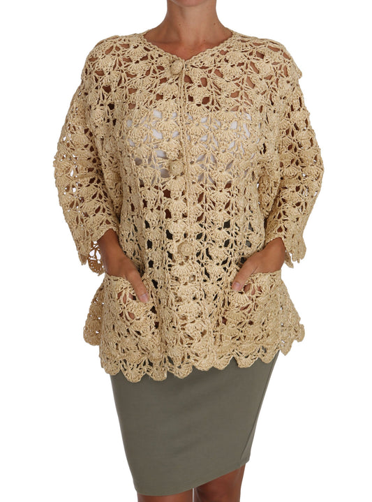 Dolce & Gabbana Beige Cardigan Crochet Knitted Raffia Sweater Dolce & Gabbana