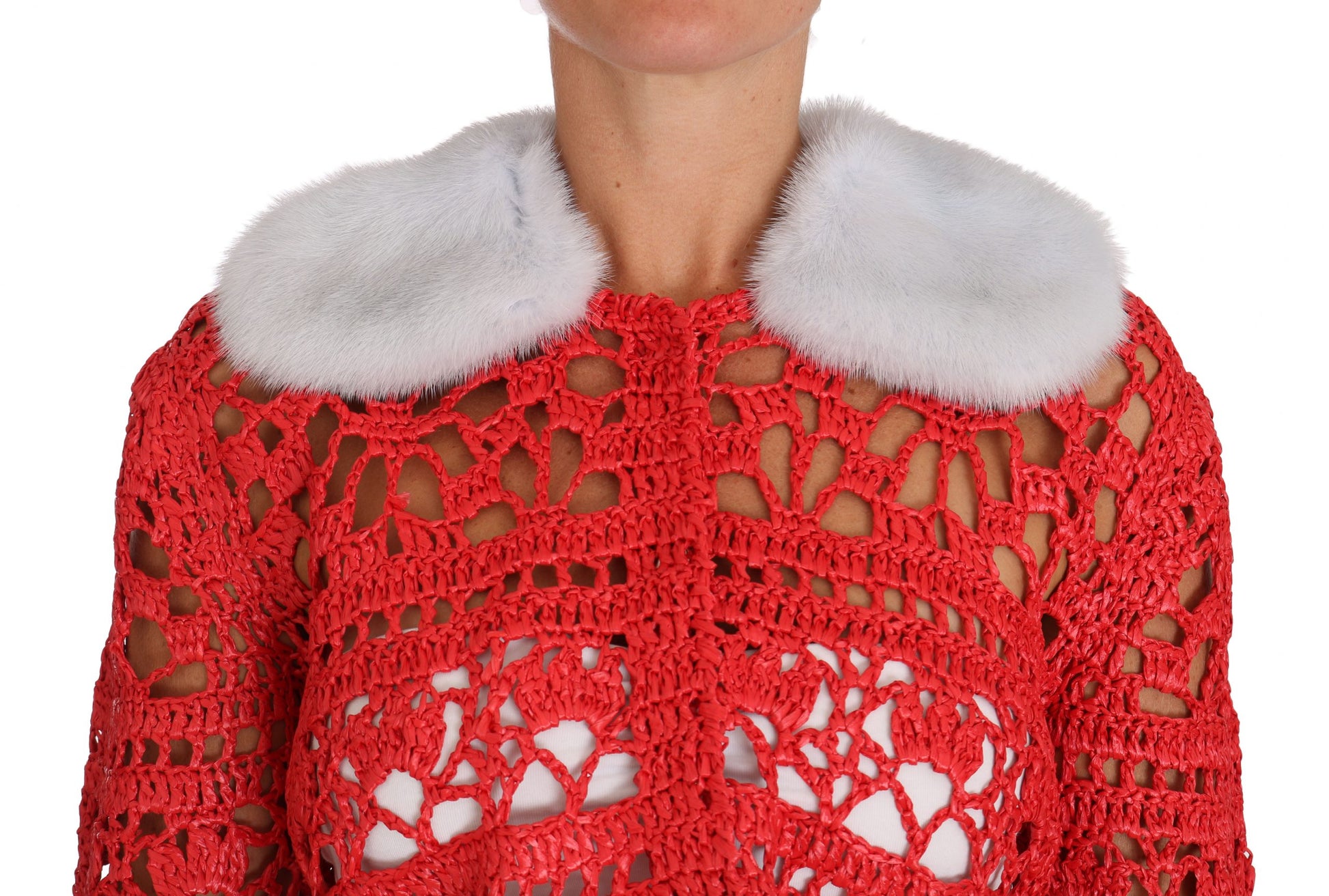 Dolce & Gabbana Red Cardigan Crochet Knit Raffia Sweater Dolce & Gabbana