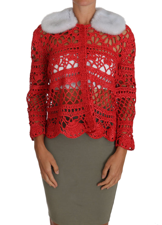 Dolce & Gabbana Red Cardigan Crochet Knit Raffia Sweater Dolce & Gabbana