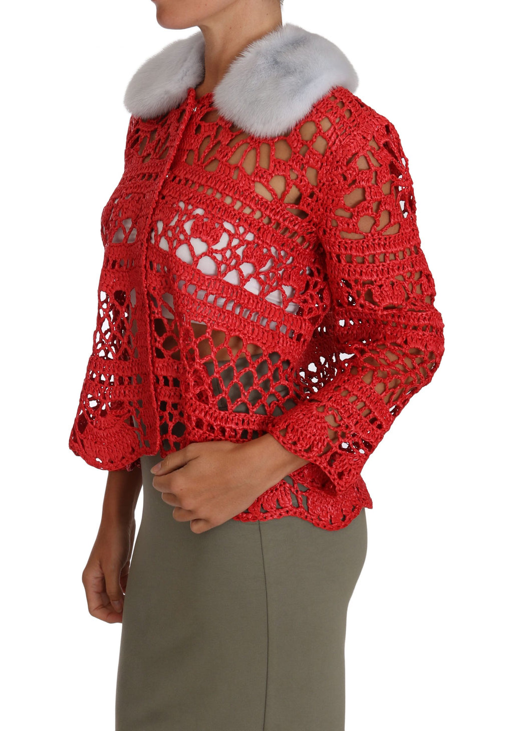 Dolce & Gabbana Red Cardigan Crochet Knit Raffia Sweater
