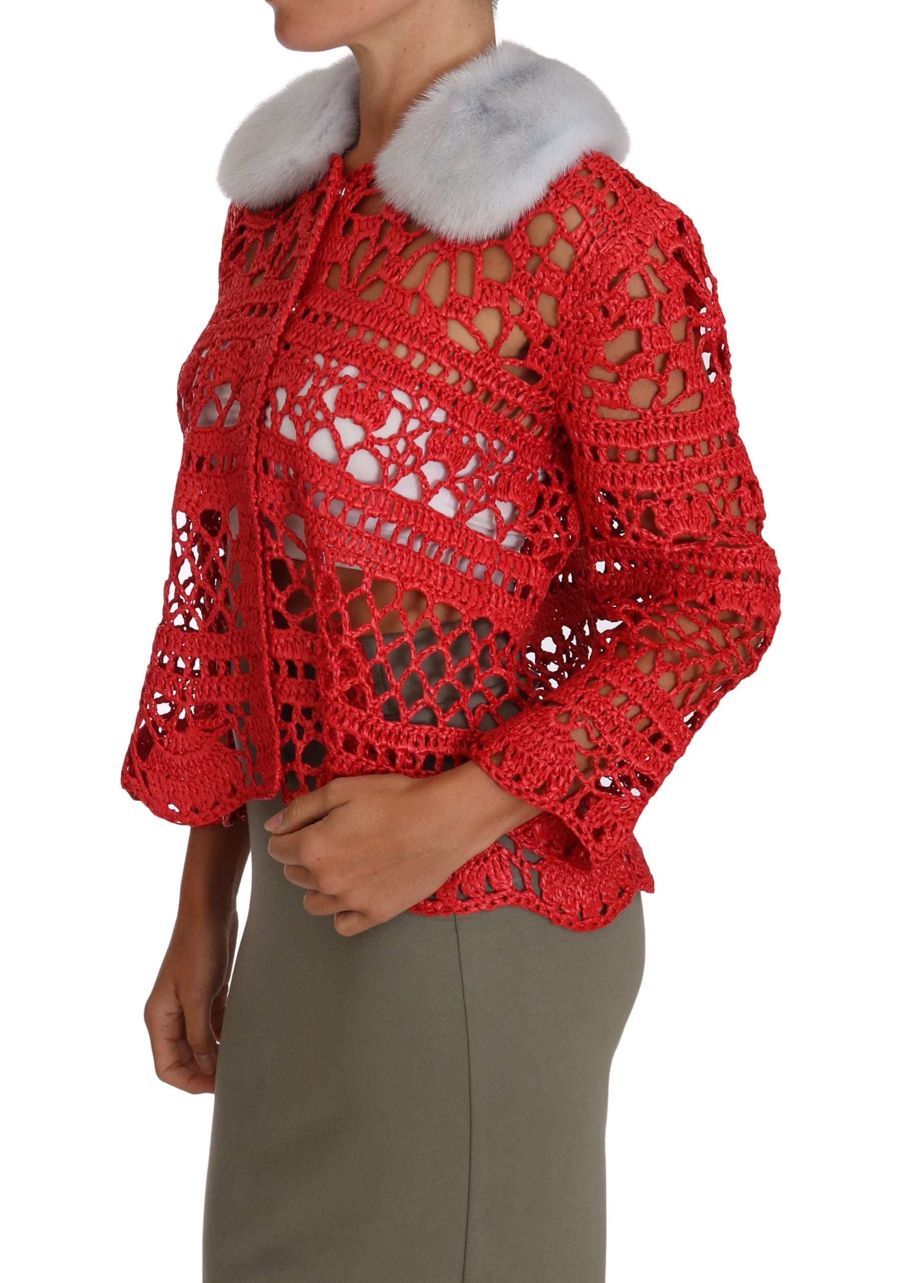 Dolce & Gabbana Red Cardigan Crochet Knit Raffia Sweater Dolce & Gabbana