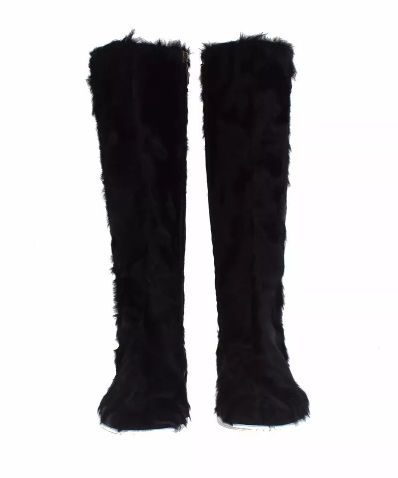 Dolce & Gabbana Black Xiangao Lamb Fur Leather Boots Shoes - Eljoys Fashion 