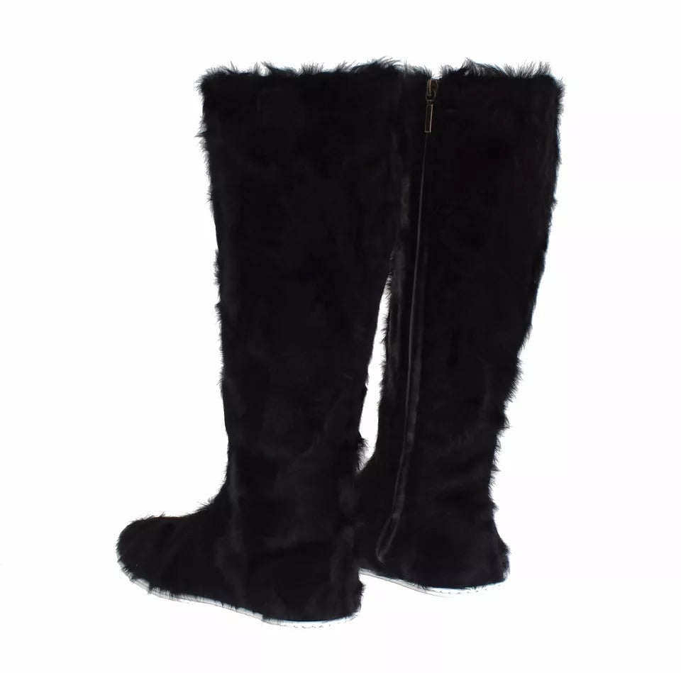 Dolce & Gabbana Black Xiangao Lamb Fur Leather Boots Shoes - Eljoys Fashion 