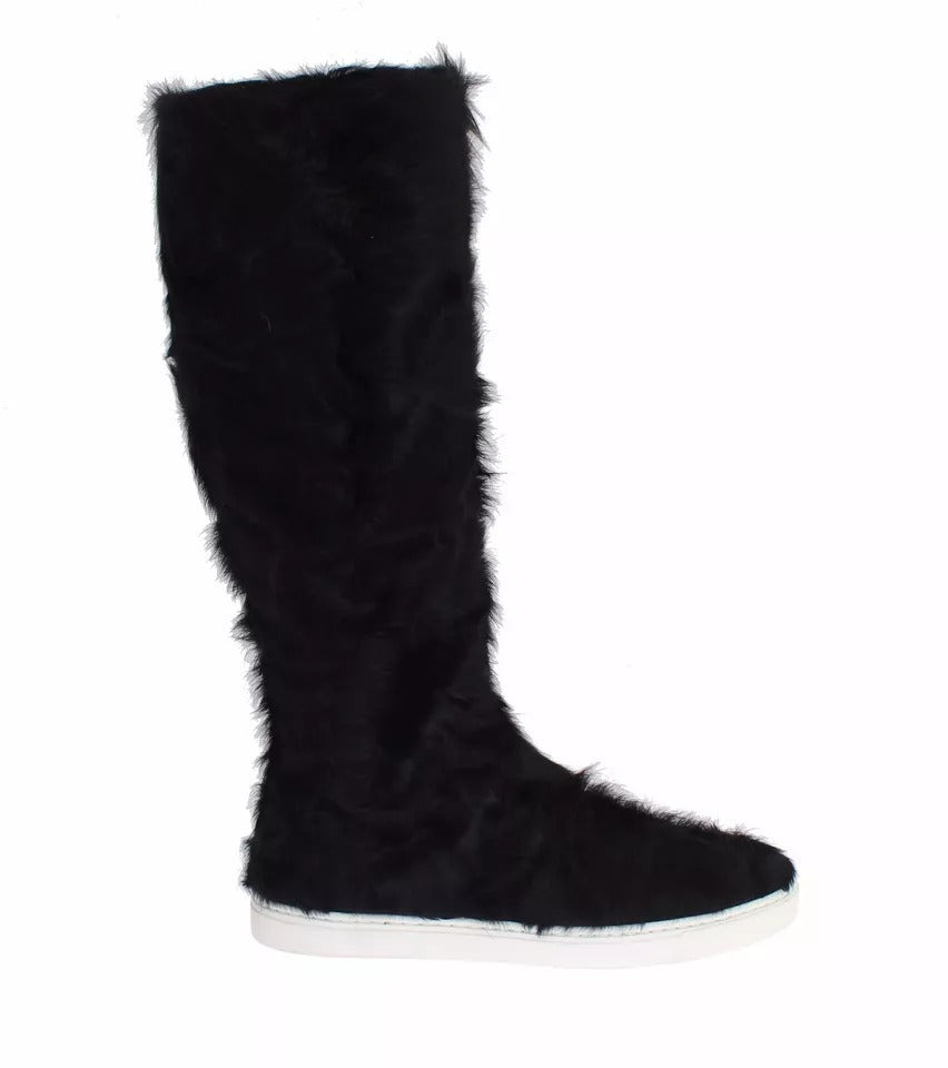 Dolce & Gabbana Black Xiangao Lamb Fur Leather Boots Shoes Dolce & Gabbana