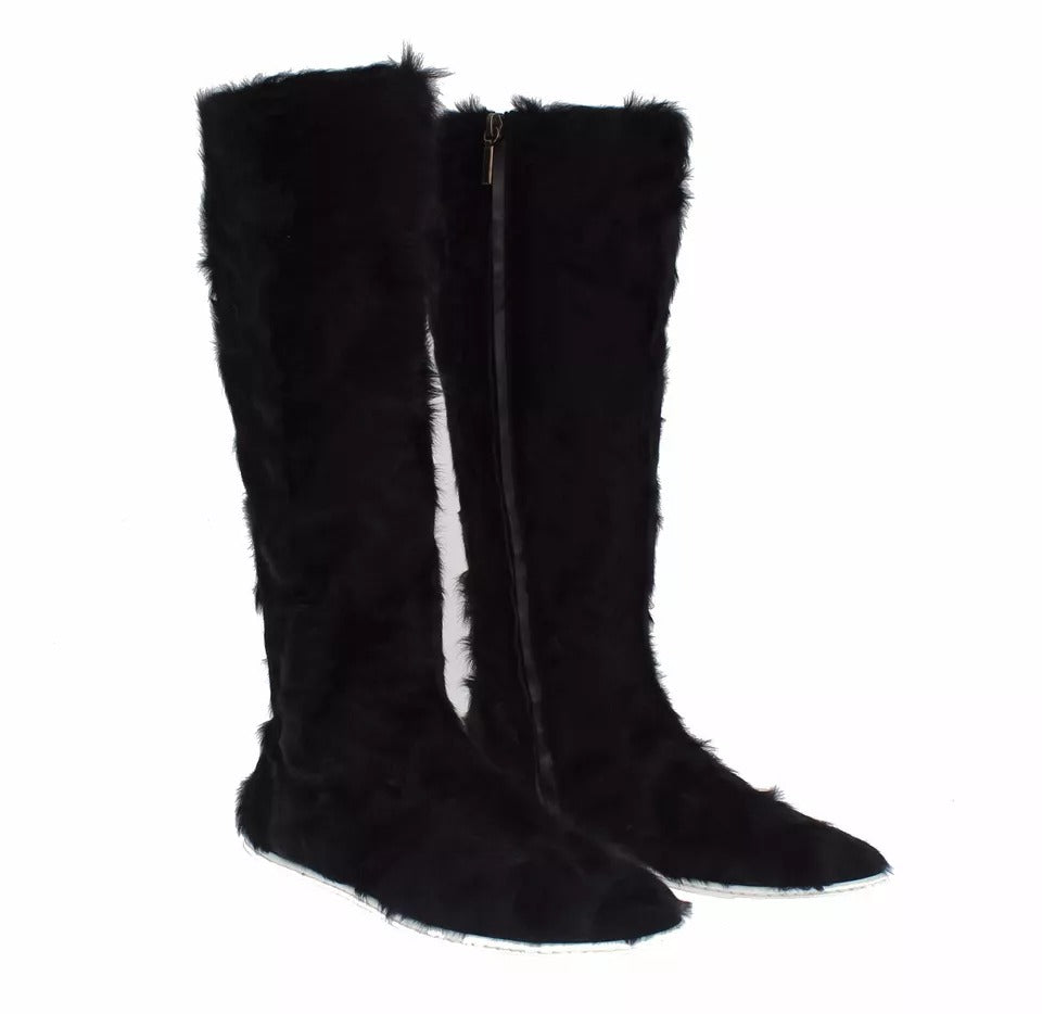 Dolce & Gabbana Black Xiangao Lamb Fur Leather Boots Shoes - Eljoys Fashion 