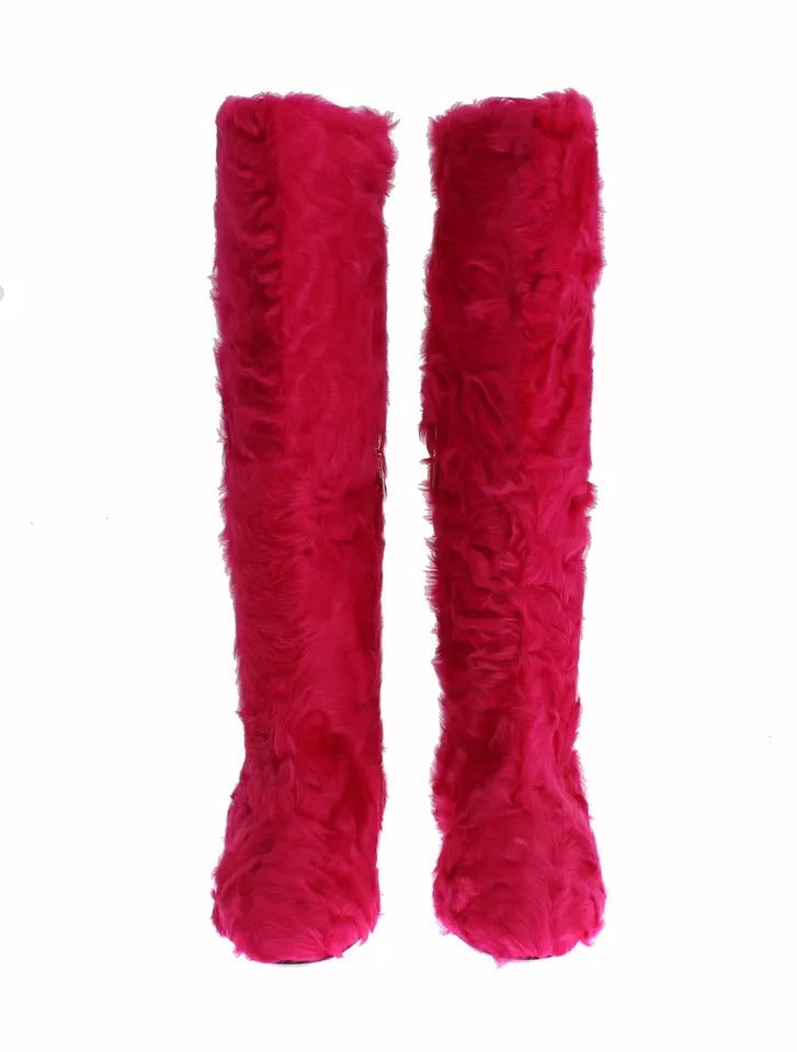 Dolce & Gabbana Pink Lamb Fur Leather Flat Boots Shoes Dolce & Gabbana