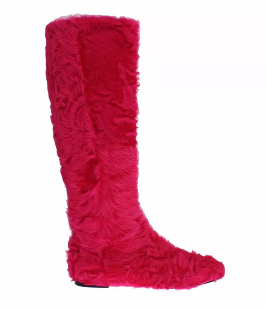 Dolce & Gabbana Pink Lamb Fur Leather Flat Boots Shoes Dolce & Gabbana