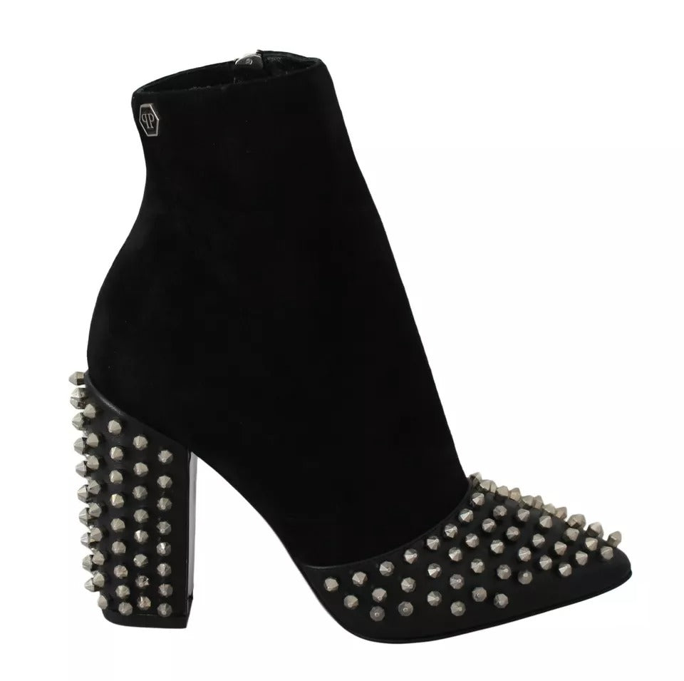 Philipp Plein Black Suede Studded Heels Ankle Boots Shoes Philipp Plein