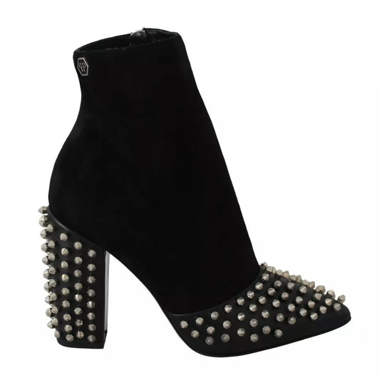 Philipp Plein Black Suede Studded Heels Ankle Boots Shoes Philipp Plein