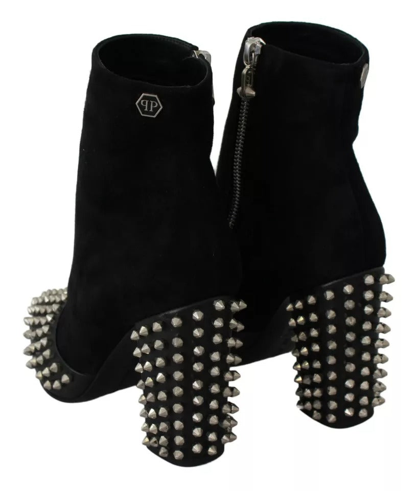 Philipp Plein Black Suede Studded Heels Ankle Boots Shoes Philipp Plein