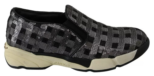 PINKO Silver Black Slip-on Sequence Design Sneakers Shoes PINKO