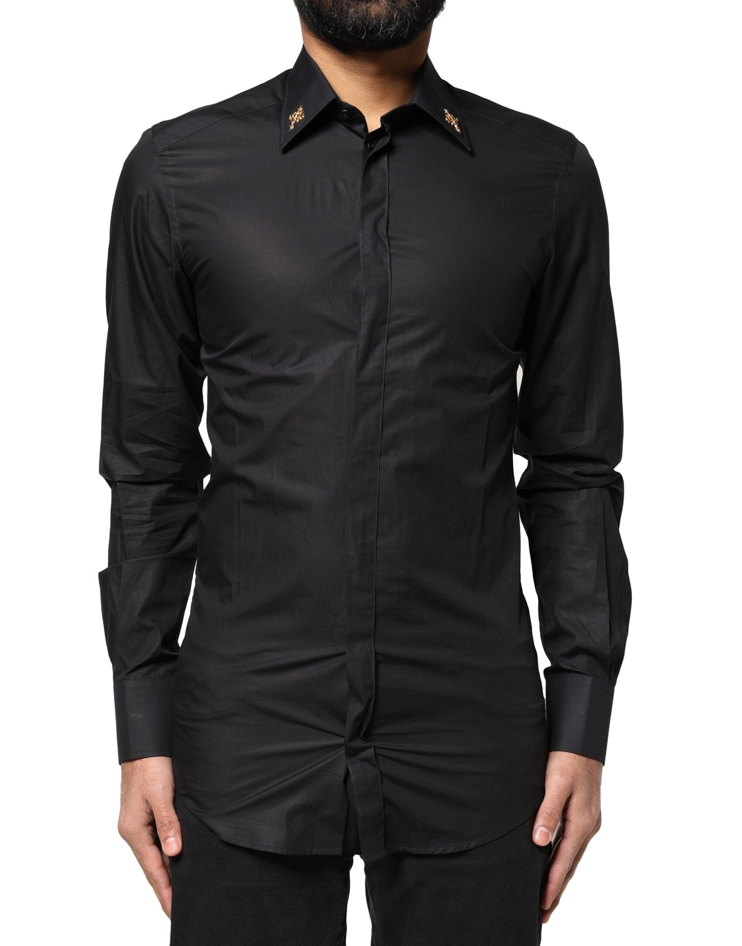 Dolce & Gabbana Black GOLD Cross Embellished Men Dress Shirt Dolce & Gabbana
