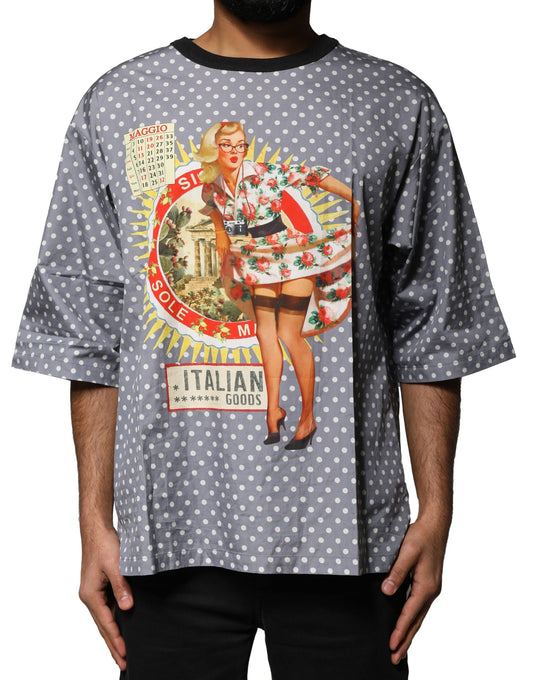 Dolce & Gabbana Gray Polka Dot Pin-Up Print Crew Neck T-shirt Dolce & Gabbana