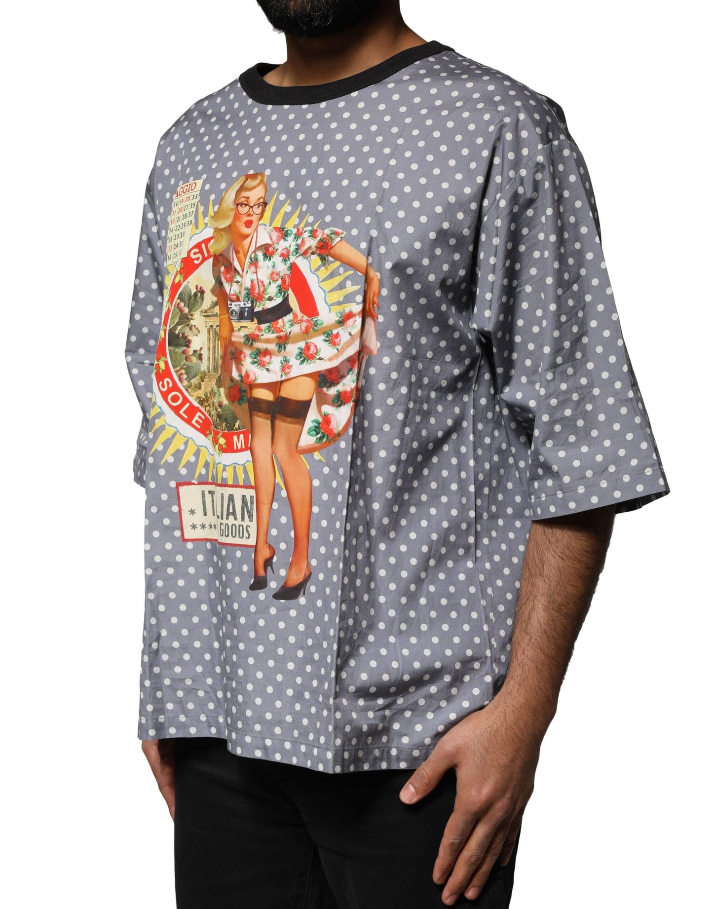 Dolce & Gabbana Gray Polka Dot Pin-Up Print Crew Neck T-shirt Dolce & Gabbana