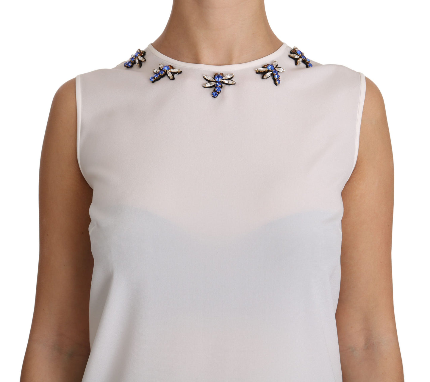 Dolce & Gabbana White Silk Embellished Crystal Dragonfly Top Dolce & Gabbana