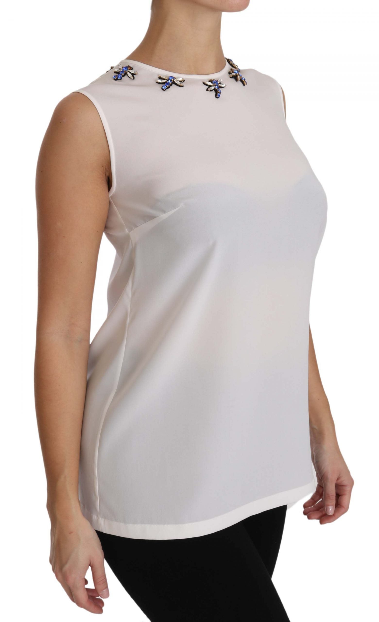 Dolce & Gabbana White Silk Embellished Crystal Dragonfly Top Dolce & Gabbana
