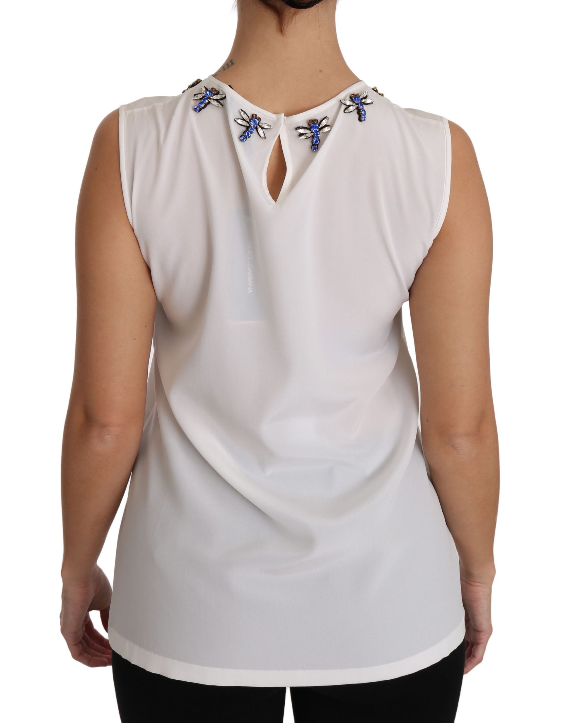 Dolce & Gabbana White Silk Embellished Crystal Dragonfly Top Dolce & Gabbana