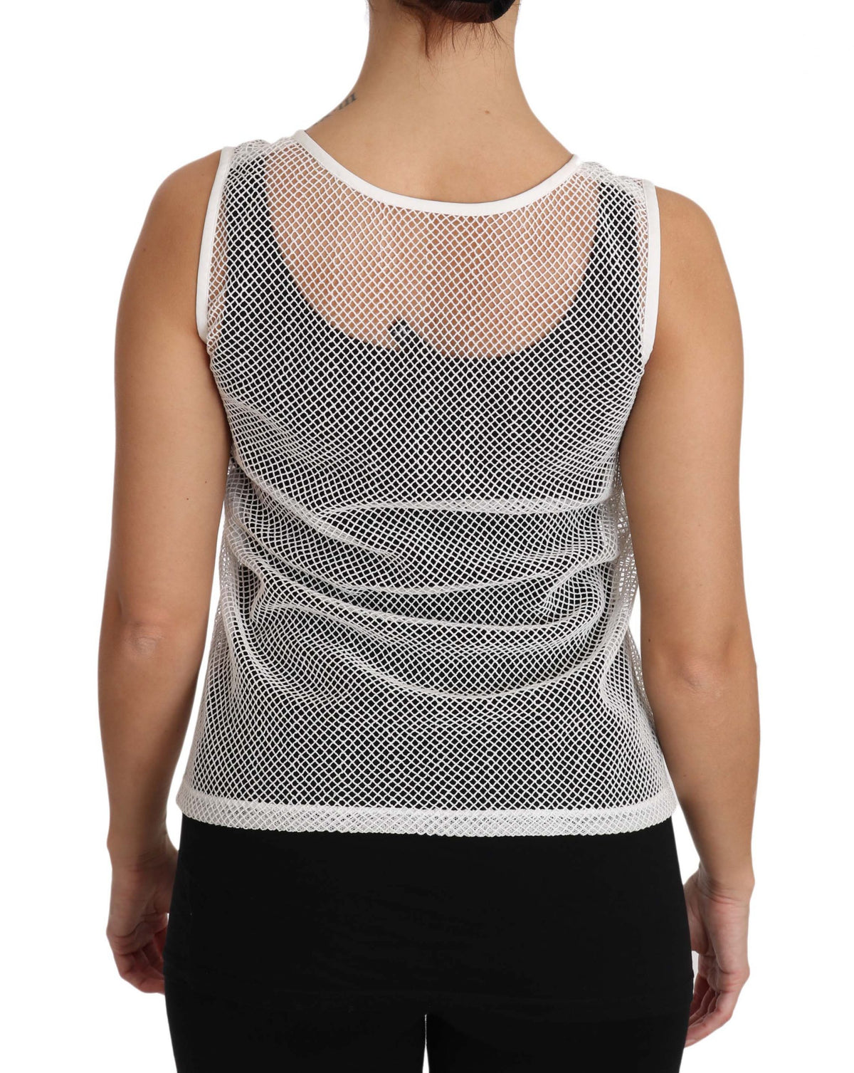 Dolce & Gabbana white net transparent sleeveless tank top with a fitted design and open-knit texture.