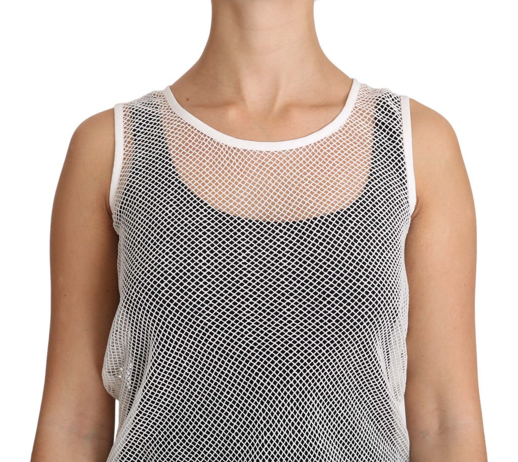 Dolce & Gabbana white net sleeveless tank top with transparent fabric, casual style, displayed on a mannequin.