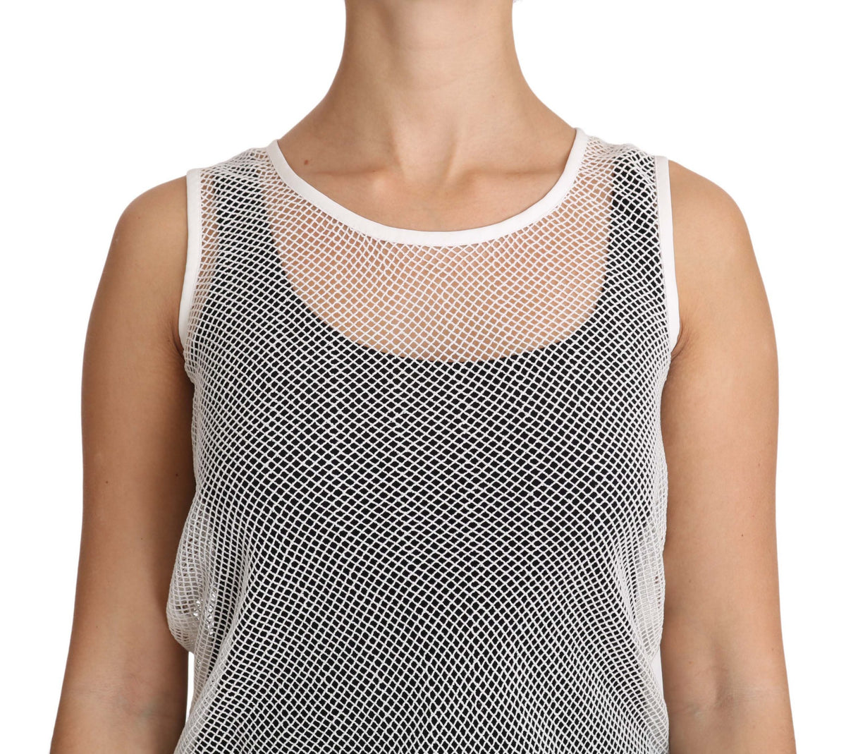 Dolce & Gabbana white net sleeveless tank top with transparent fabric, casual style, displayed on a mannequin.