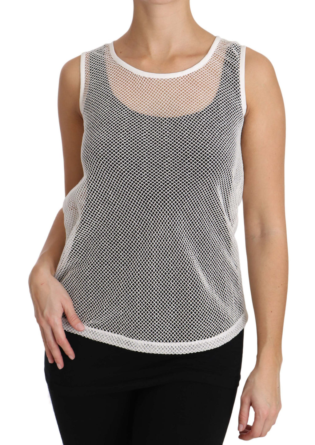 Dolce & Gabbana white net sleeveless tank top with transparent design and round neckline.