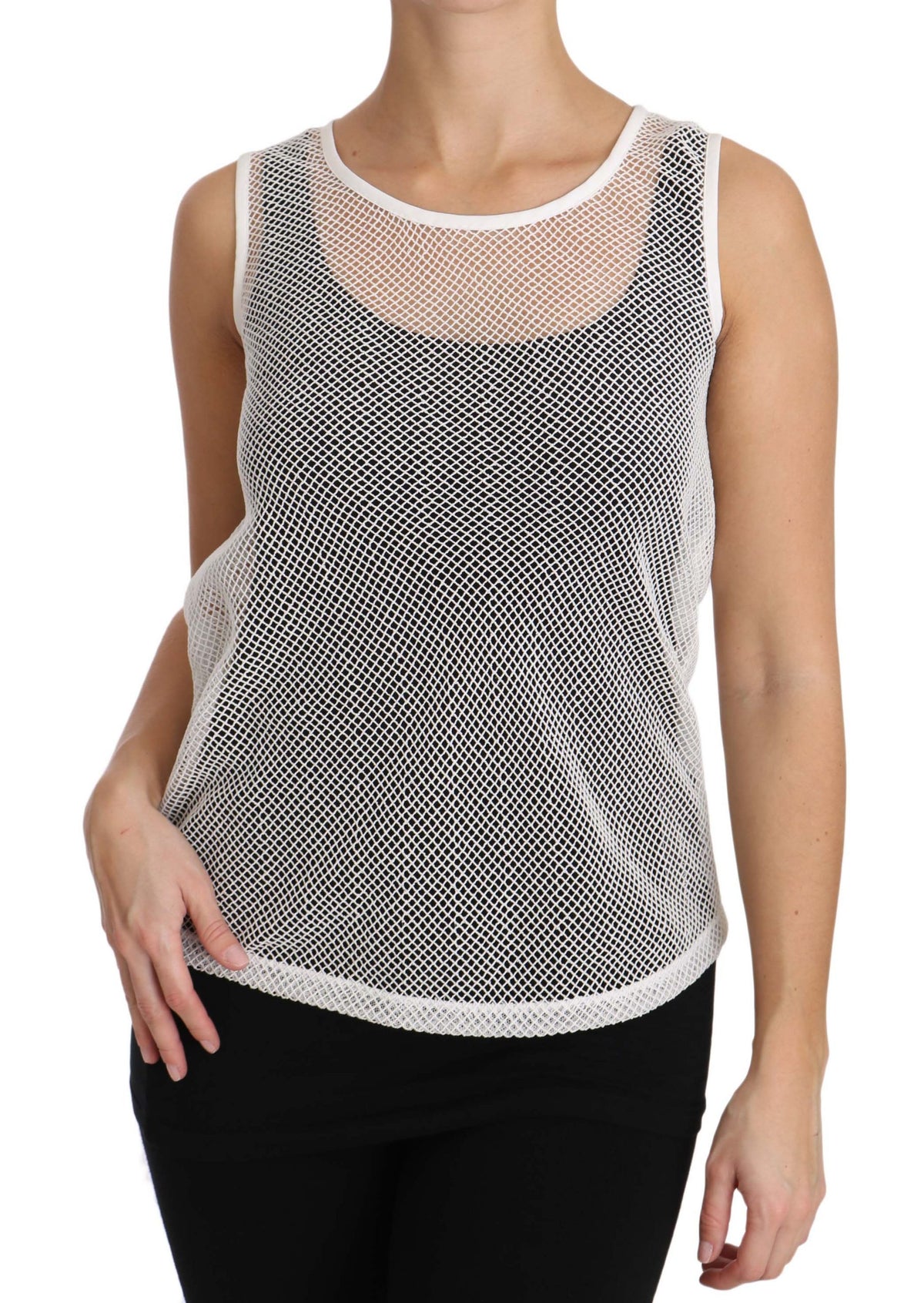 Dolce & Gabbana white net sleeveless tank top with transparent design and round neckline.