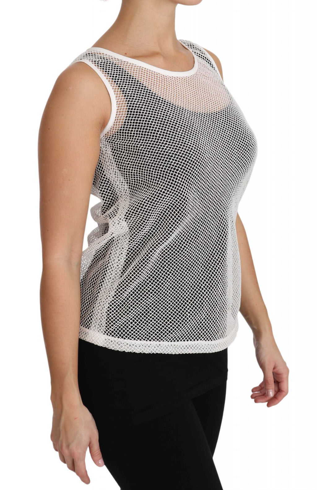Dolce & Gabbana white net sleeveless tank top, transparent design, casual summer fashion, sleeveless style, close-up shot