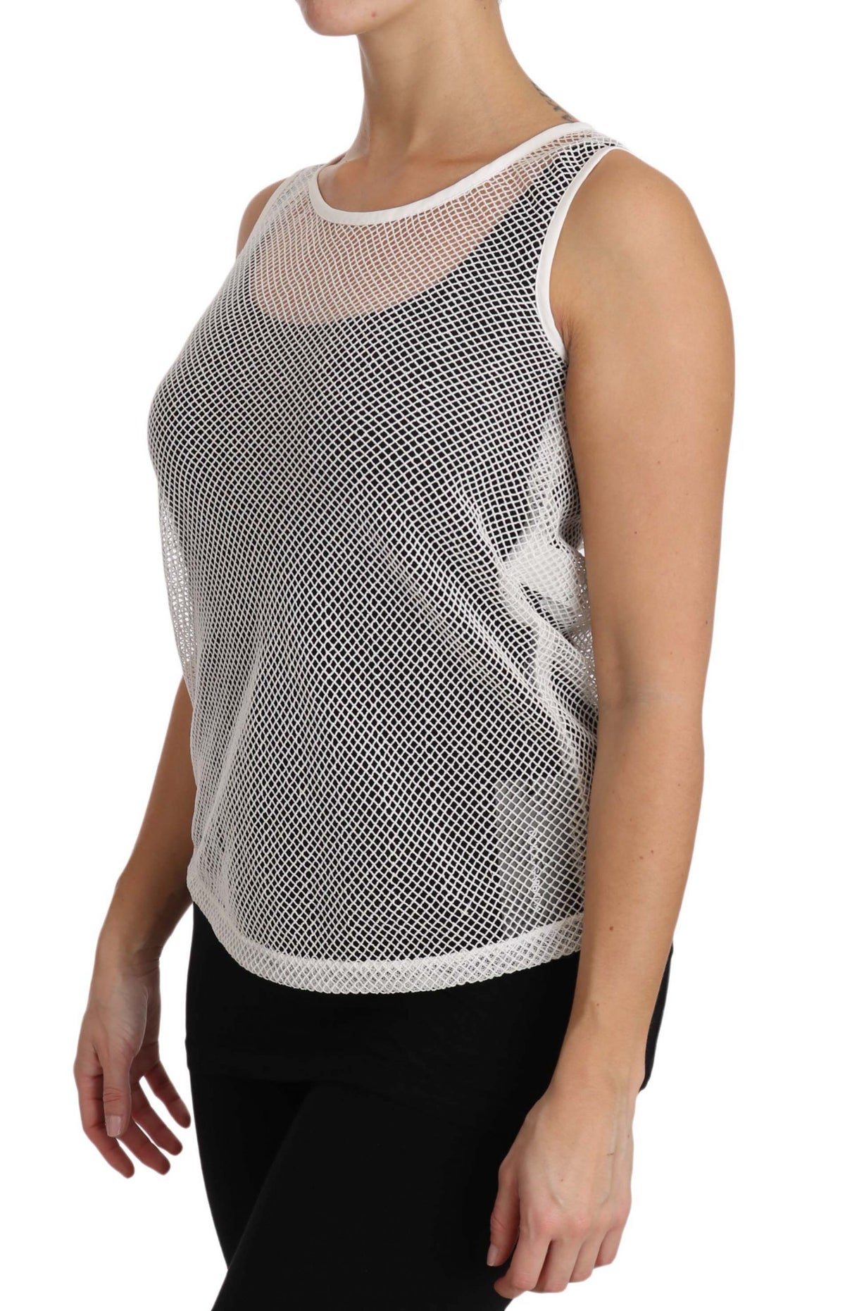 Dolce & Gabbana white net sleeveless tank top, transparent and stylish, with a fitted design and sleeveless cut.